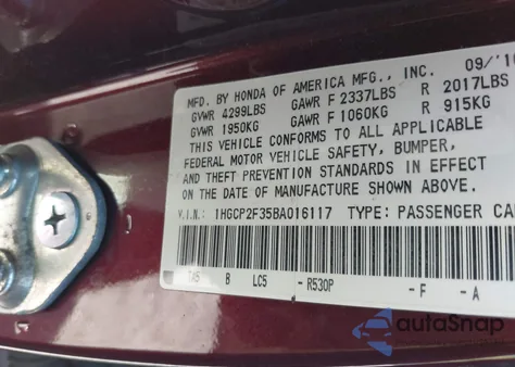 2011 Honda Accord 2.4 Lx z USA, uszkodzony, nr VIN 1HGCP2F35BA016117